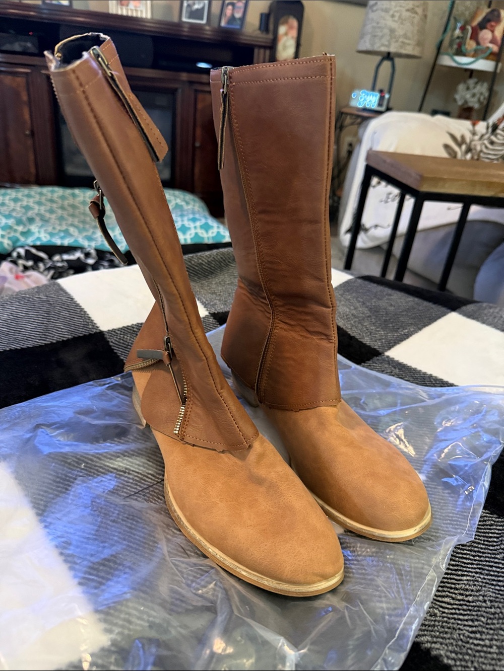 Women's Distressed Zip Rustic Brown Riding Boots - Picture 14 of 16